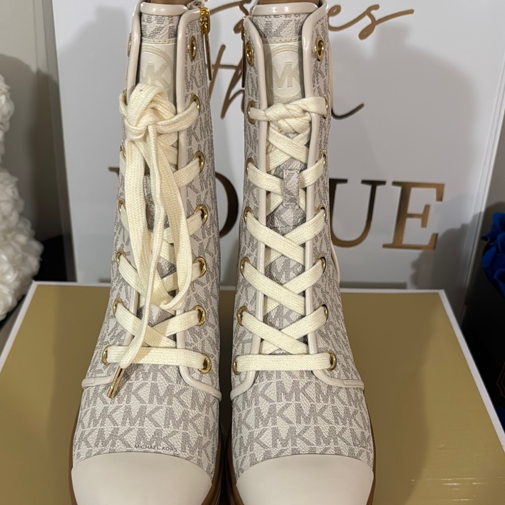 Michael Kors Cream and Tan Ankle Boots with Monogram - Picture 2 of 5